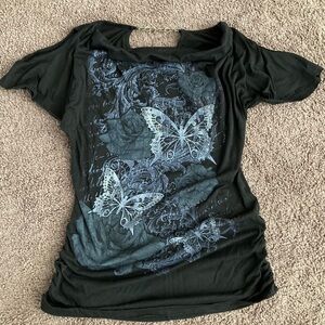 California Girlz Butterfly Rose Top Size L Black White Gray